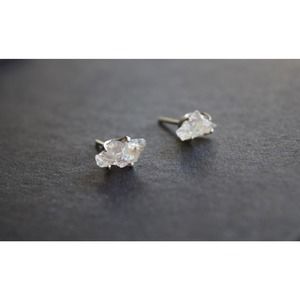 Sterling silver stud earrings, alternative diamond, uncut natural gemsto…
